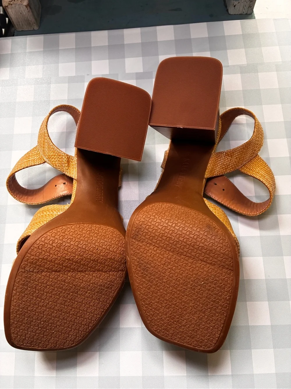 New Sam & Libby Kristy 8 Tan Woven raffia straw Slingback chunky heels sandals